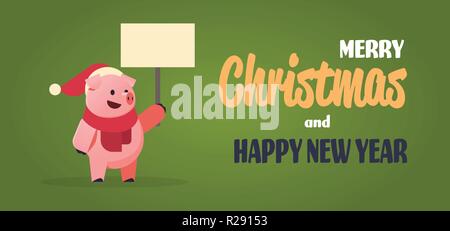 cute pig symbol of 2019 chinese new year holding empty board merry christmas holiday concept horizontal flat Stock Vector