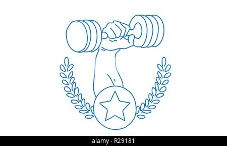 Bodybuilder hand holding barbell fitness gym logo modern sport center emblem template sketch doodle horizontal Stock Vector