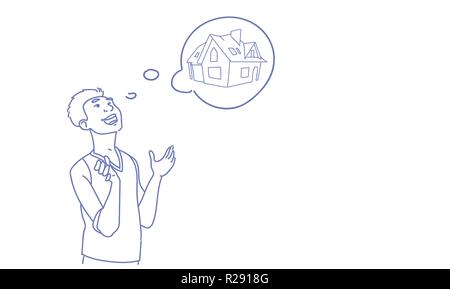 Man thinking about house dream concept sketch doodle horizontal Stock Vector
