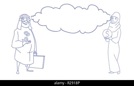 couple rich arab businessman wear virtual reality digital glasses with wife holding money dollar coin chat bubble cloud business success sketch doodle horizontal Stock Vector