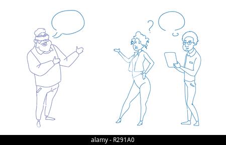 Businessman wear digital glasses virtual reality vision concept business people group meeting brainstorming sketch doodle horizontal Stock Vector