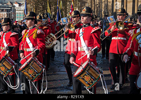 The Duke of Lancaster's Regiment band march on Armistice Day in Liverpool, UK. 11th November 2018. Stock Photo