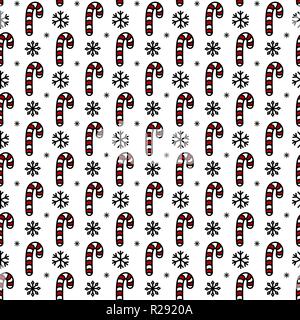 Christmas seamless pattern with candy canes. Hand drawn doodle style. Black and white vector illustration. Isolated on white background. Perfect for wrapping paper, wallpaper, fabric print Stock Vector