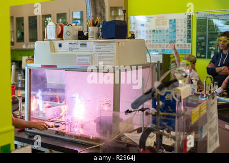 Portland, OR / USA - November 10 2018: Chemistry experiment with burning components in Oregon museum of science and industry (OMSI) Stock Photo