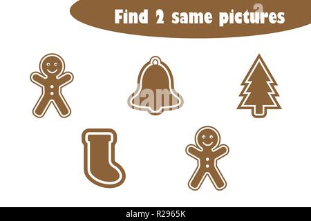 Find two identical pictures, fun education game with christmas gingerbread for children, preschool worksheet activity for kids, task for the developme Stock Vector