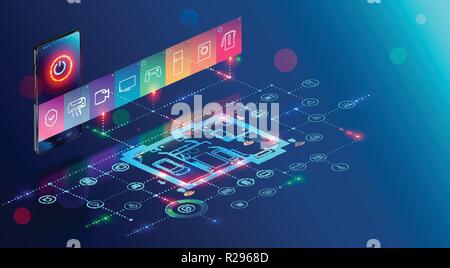 IOT isometric concept. mobile app of smart home controls Internet of things via phone. House automation system technology Stock Vector