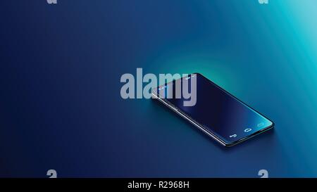 Modern black smart phone lies on a smooth dark blue surface or table in perspective view. Realistic vector illustration isometric smartphone. New shiny mobile cellphone with reflection on the screen Stock Vector