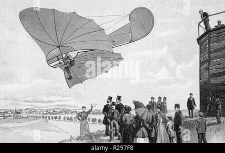 OTTO LILIENTHAL (1848-1896) German aviation pioneer in 1895 from the French edition of Science Illustrated. Note the enlarged tail. Stock Photo