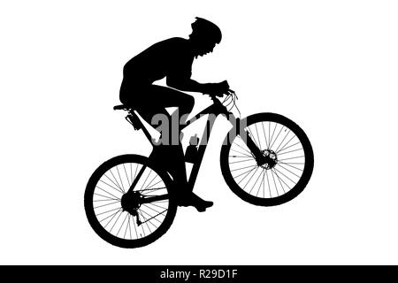 man cyclist mountain biker riding uphill black silhouette Stock Photo
