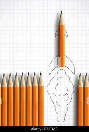 start up idea creative concept, pencil as drawn rocket Stock Photo
