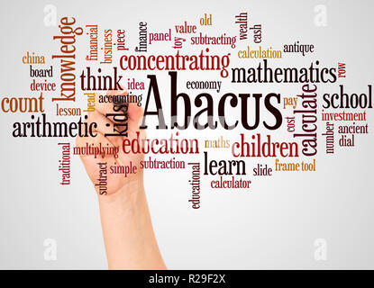 Abacus - counting frame, word cloud and hand with marker concept on white background. Stock Photo