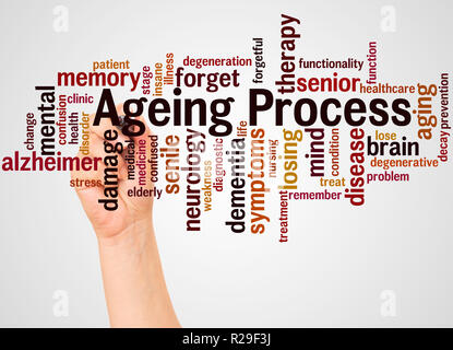 Ageing Process, word cloud and hand with marker concept on white background. Stock Photo