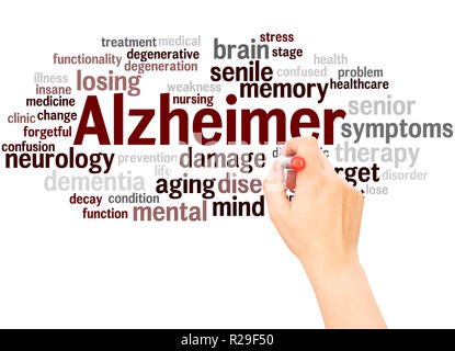 Alzheimer word cloud hand writing concept on white background. Stock Photo