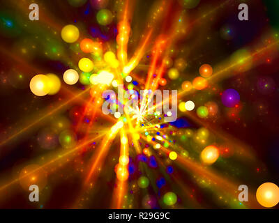 Abstract golden fractal blur for concept design. Bright christmas or new year background. Blured colored backdrop with circle bokeh and chaos lights. Stock Photo