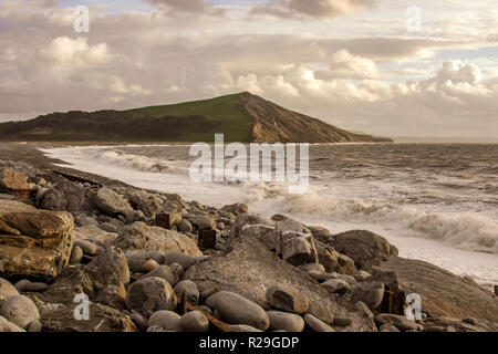 Stormy sea at Trefechan Beach, Aberystwyth leading to the foot of Alltwen Hill. Stock Photo