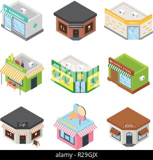 Store facade front shop icons set. Isometric illustration of 9 store facade front shop vector icons for web Stock Vector