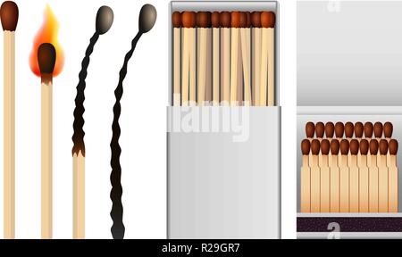 Safety match ignite burn mockup set. Realistic illustration of 4 safety match ignite burn mockups for web Stock Vector
