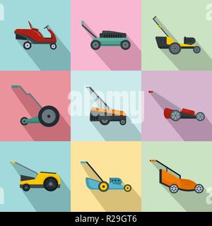 Lawnmower grass garden icons set. Flat illustration of 9 lawnmower grass garden vector icons for web Stock Vector