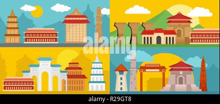 Taipei taiwan city skyline banner concept set. Flat illustration of 4 Taipei taiwan city skyline vector banner horizontal concepts for web Stock Vector