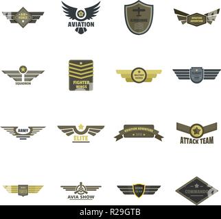 Airforce navy military logo icons set. Flat illustration of 16 airforce navy military logo vector icons for web Stock Vector