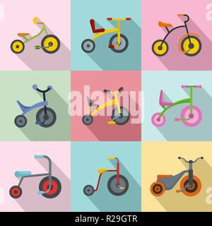 Tricycle bicycle bike wheel icons set. Flat illustration of 9 tricycle bicycle bike wheel vector icons for web Stock Vector