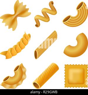 Macaroni pasta spaghetti mockup set. Realistic illustration of 9 macaroni pasta spaghetti mockups for web Stock Vector