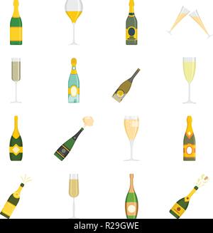 Champagne bottle glass icons set. Flat illustration of 16 champagne bottle glass vector icons isolated on white Stock Vector