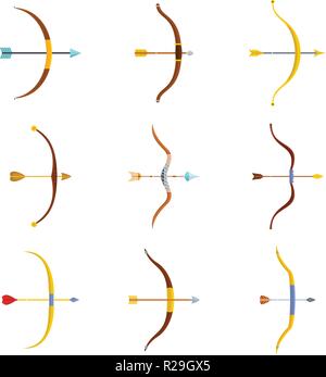 Bow arrow weapon icons set. Flat illustration of 9 bow arrow weapon vector icons isolated on white Stock Vector