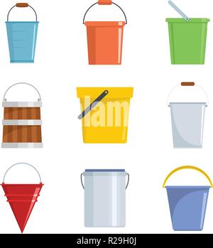 Bucket types container icons set. Flat illustration of 9 bucket types container vector icons isolated on white Stock Vector