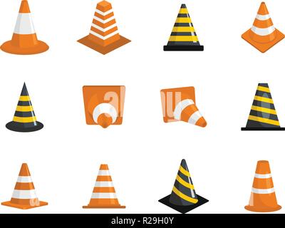 Traffic cone icons set. Flat illustration of 12 traffic cone vector icons isolated on white Stock Vector