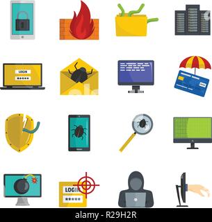 Cyber attack computer virus icons set. Flat illustration of 16 cyber attack computer virus vector icons isolated on white Stock Vector