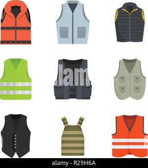 Vest waistcoat jacket suit icons set. Flat illustration of 9 vest waistcoat jacket suit vector icons isolated on white Stock Vector