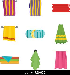 Towel hanging spa bath icons set. Flat illustration of 9 towel hanging spa bath vector icons isolated on white Stock Vector