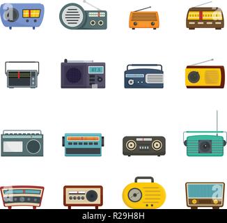Radio music old device icons set. Flat illustration of 16 radio music old device vector icons isolated on white Stock Vector