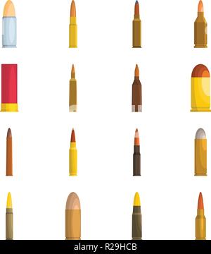 Bullet gun military icons set. Flat illustration of 16 bullet gun military vector icons isolated on white Stock Vector