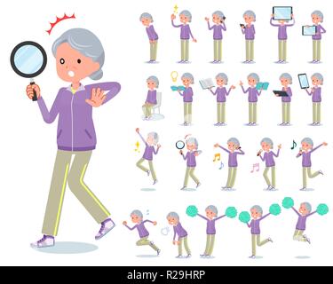 A set of old women in sportswear with digital equipment such as smartphones.There are actions that express emotions.It's vector art so it's easy to ed Stock Vector