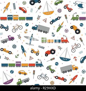 Colorful collection of boys vehicle toys on white background pattern Stock Vector