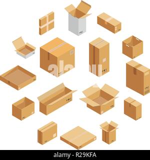 Parcel packaging box icons set. Isometric illustration of 16 parcel packaging box vector icons for web Stock Vector