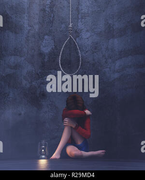 Stress girl sitting under a Rope noose hanging in a dark room,3d rendering Stock Photo