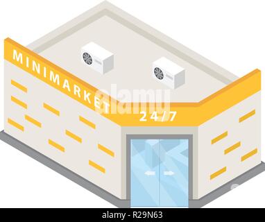 Mini market shop booth or grocery store vector isolated facade icon ...