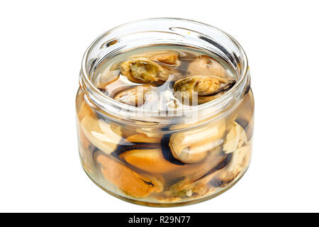 Marinated mussels isolated in a jar on a white background. clipping path Stock Photo