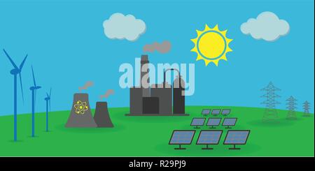 Different energy sources: wind, solar, atomic energy, electrical energy, fossil fuel power station Stock Vector