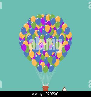 Vector icon. House in the air on balloons Stock Vector