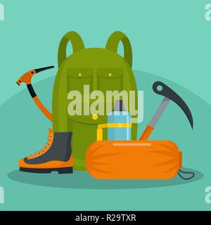 Hiker backpack with tools and shoes background. Flat illustration of hiker backpack with tools and shoes vector background for web design Stock Vector