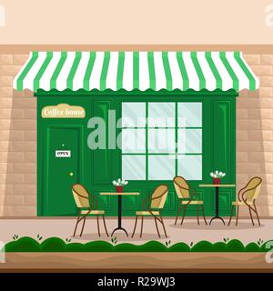 Vector flat illustration of coffee shop facade in retro style with tables and chairs on the street. Stock Vector