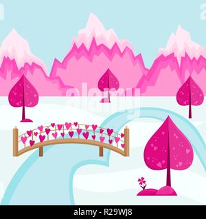 Valentine's day background. Mountain landscape of the village of Love. Bridge hung with hearts Stock Vector