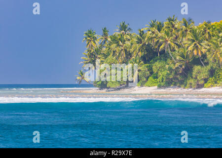 Tropical island beach. Palm trees near blue sea, tranquil nature concept. Exotic beach scenery Stock Photo