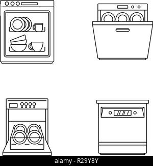 Dishwasher machine kitchen icons set. Outline illustration of 4 dishwasher machine kitchen vector icons for web Stock Vector