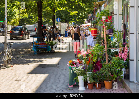 Tirana, Albania- 01 July 2014: View of the Tirana street. Florist shop.Tirana is the capital and most populous city of Albania. Stock Photo