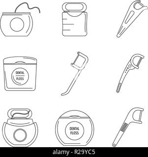 Floss dental brushing teeth icons set. Outline illustration of 9 floss dental brushing teeth vector icons for web Stock Vector